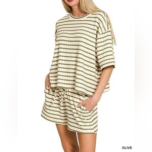 Olive and White Striped Short Sleeve Tee & Shorts Set